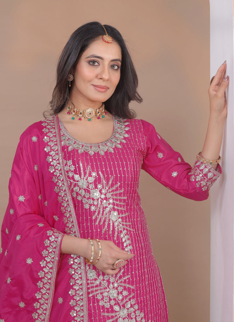 Prazu Fashion Pink Crepe Silk Sequin Embroidered Sharara Suit | Grocsy