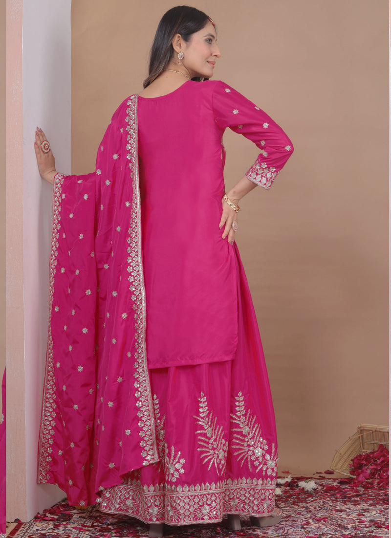 Prazu Fashion Pink Crepe Silk Sequin Embroidered Sharara Suit | Grocsy