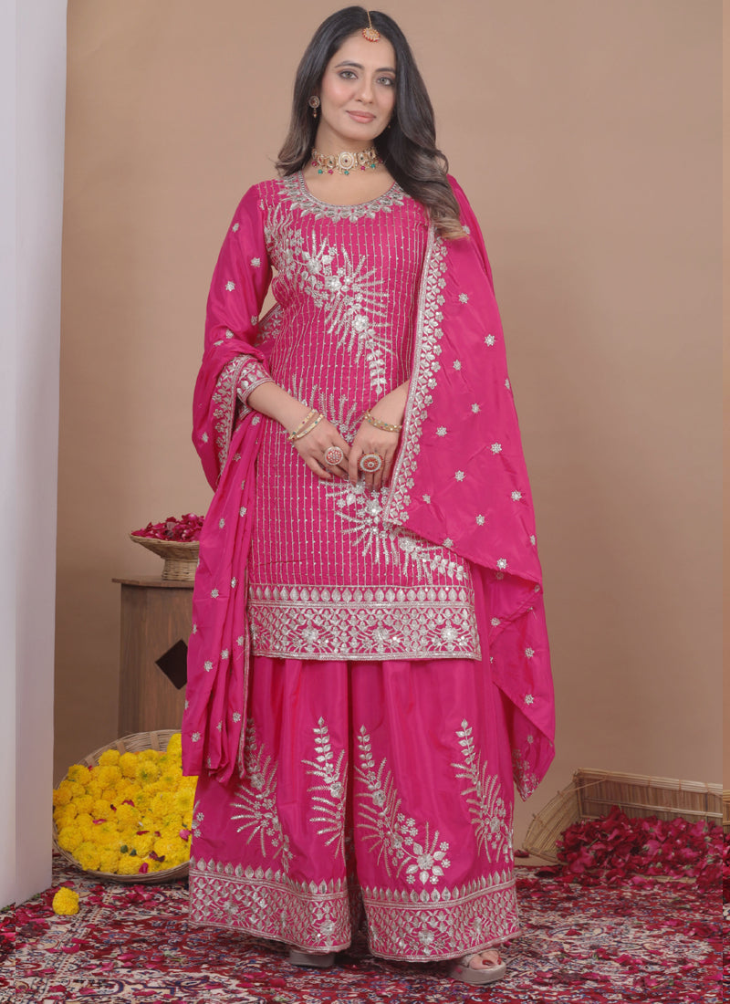 Prazu Fashion Pink Crepe Silk Sequin Embroidered Sharara Suit | Grocsy