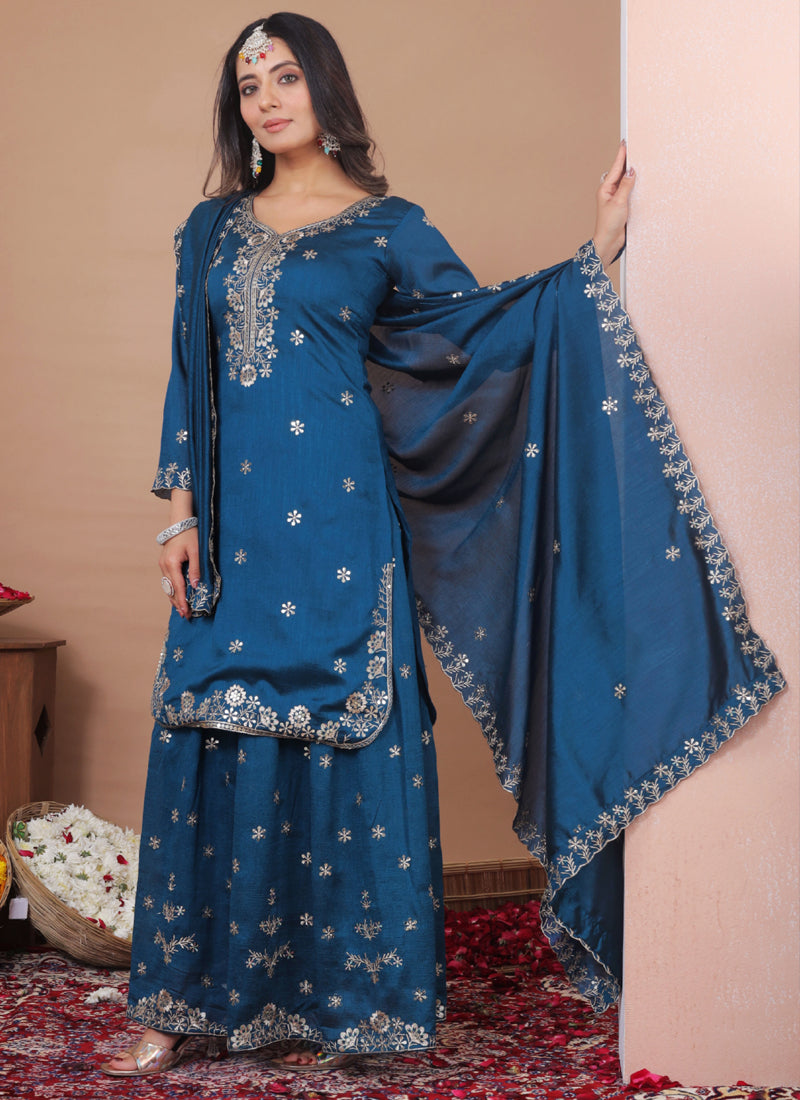 Prazu Fashion Royal Blue Vichitra Silk Sequin Embroidered Sharara Suit | Grocsy