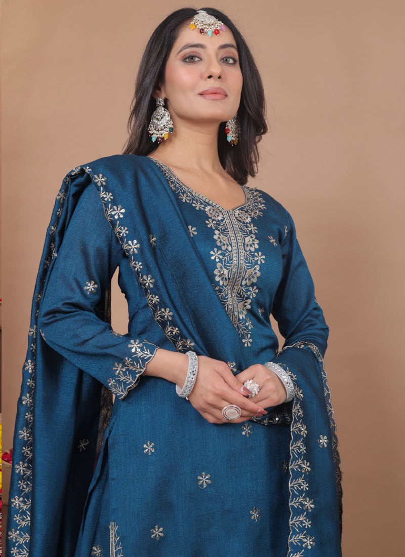 Prazu Fashion Royal Blue Vichitra Silk Sequin Embroidered Sharara Suit | Grocsy