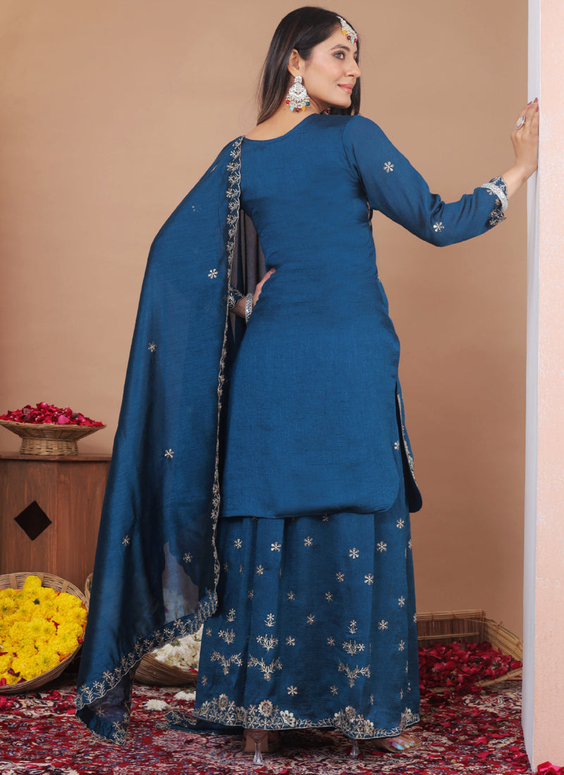 Prazu Fashion Royal Blue Vichitra Silk Sequin Embroidered Sharara Suit | Grocsy