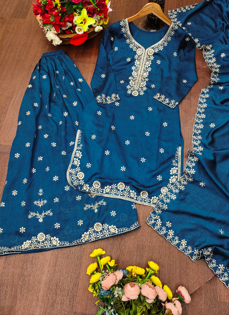 Prazu Fashion Royal Blue Vichitra Silk Sequin Embroidered Sharara Suit | Grocsy