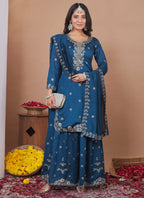 Prazu Fashion Royal Blue Vichitra Silk Sequin Embroidered Sharara Suit | Grocsy