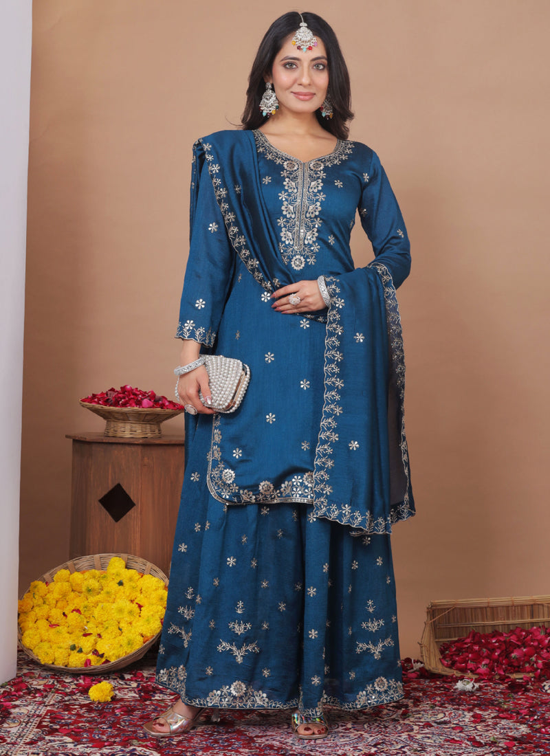Prazu Fashion Royal Blue Vichitra Silk Sequin Embroidered Sharara Suit | Grocsy