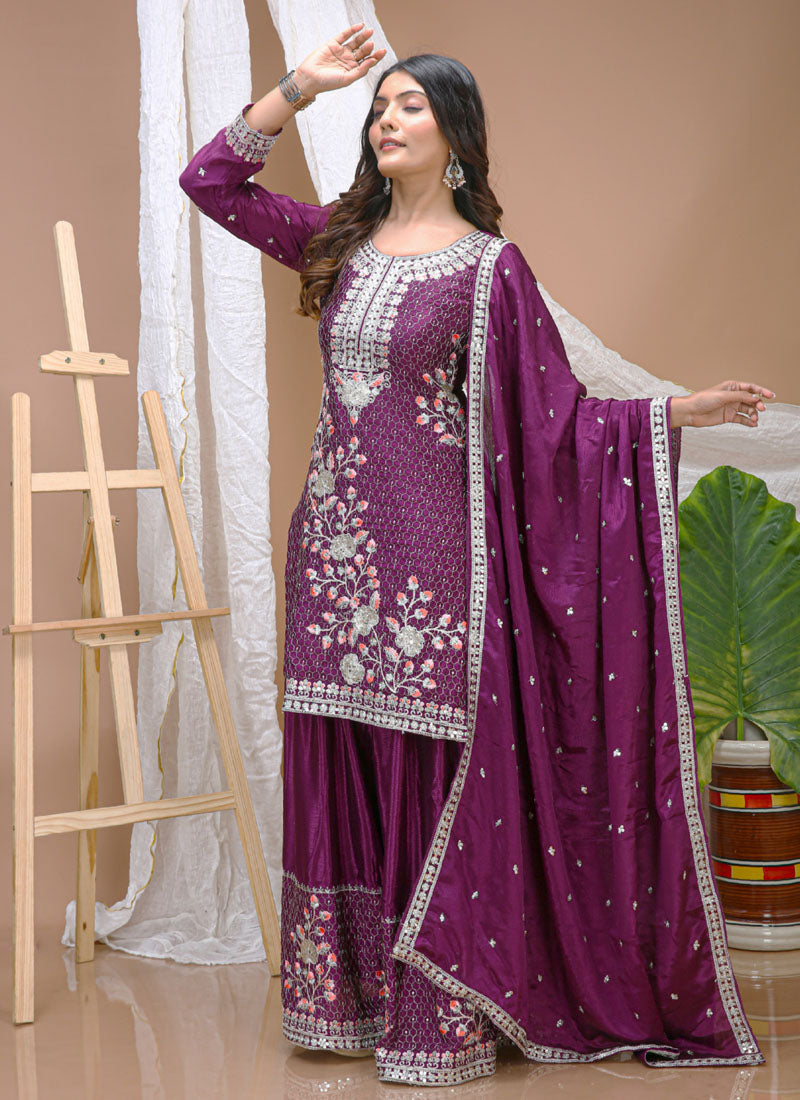 Prazu Fashion Violet Chinon Silk Sequin Embroidered Sharara Suit | Grocsy