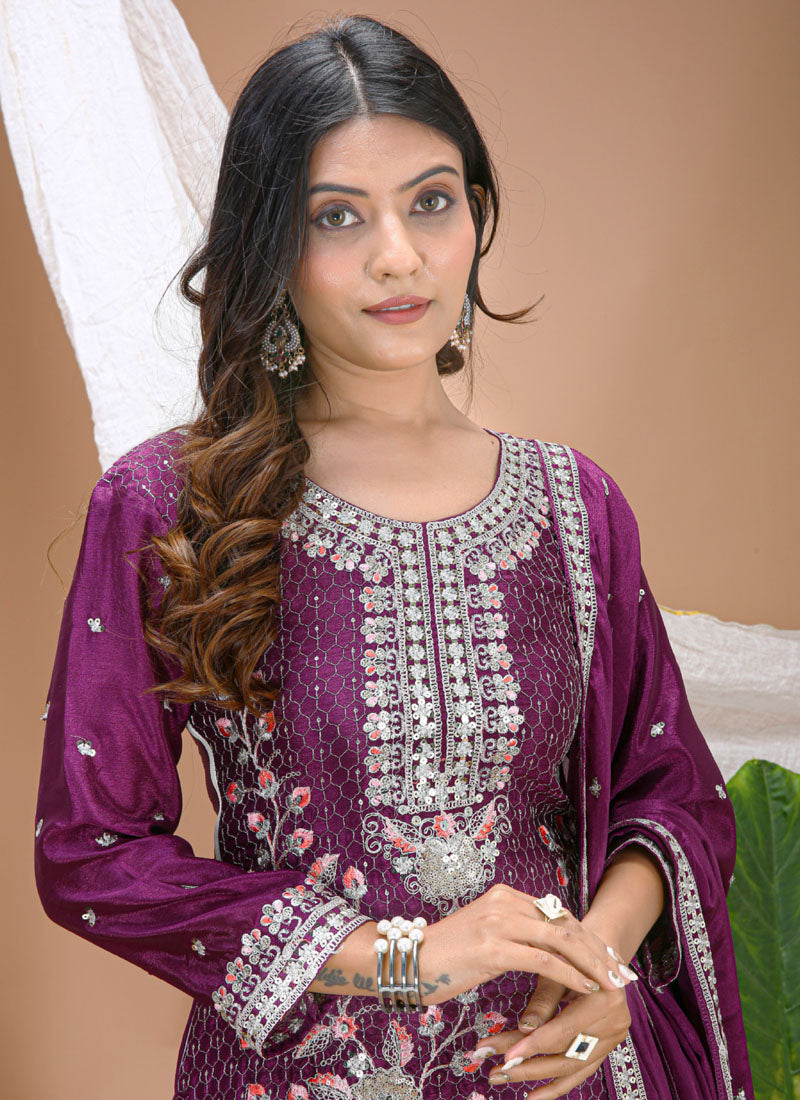Prazu Fashion Violet Chinon Silk Sequin Embroidered Sharara Suit | Grocsy