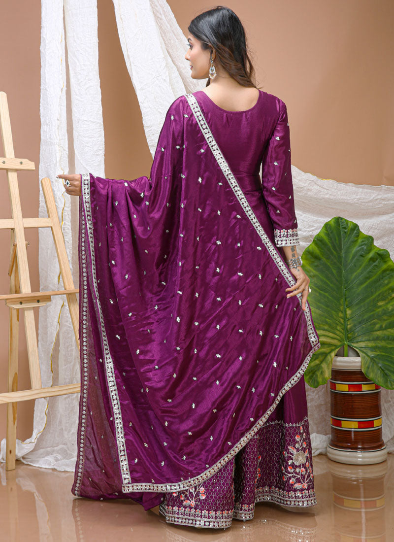 Prazu Fashion Violet Chinon Silk Sequin Embroidered Sharara Suit | Grocsy