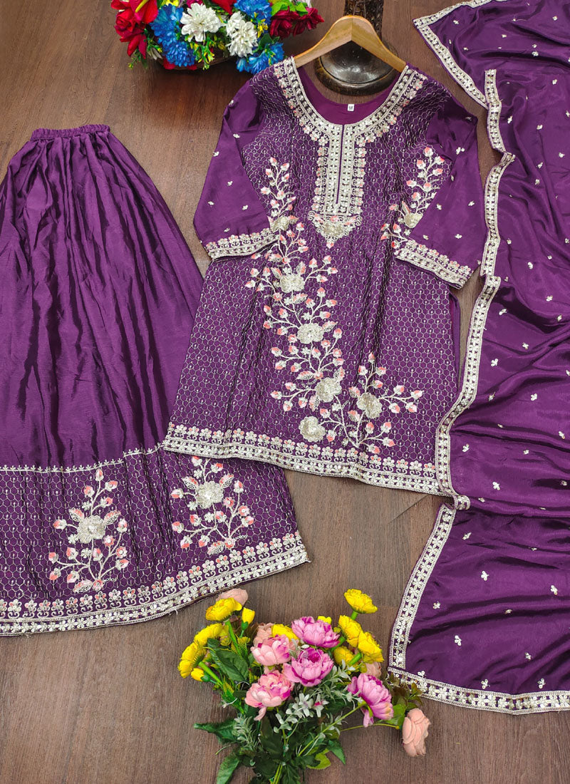Prazu Fashion Violet Chinon Silk Sequin Embroidered Sharara Suit | Grocsy