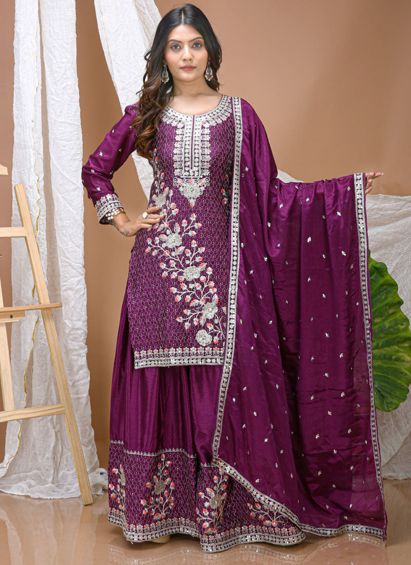 Prazu Fashion Violet Chinon Silk Sequin Embroidered Sharara Suit | Grocsy