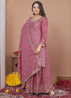 Prazu Fashion Onion Pink Chinon Silk Sequin Embroidered Sharara Suit | Grocsy
