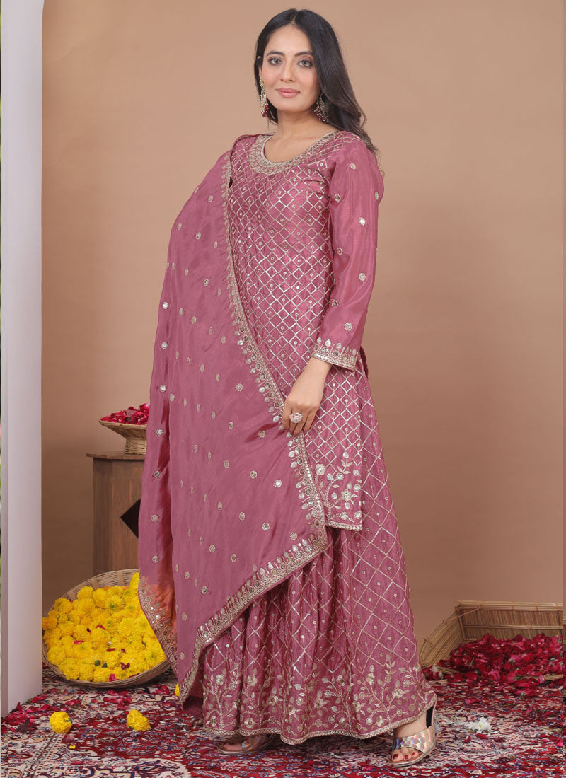 Prazu Fashion Onion Pink Chinon Silk Sequin Embroidered Sharara Suit | Grocsy