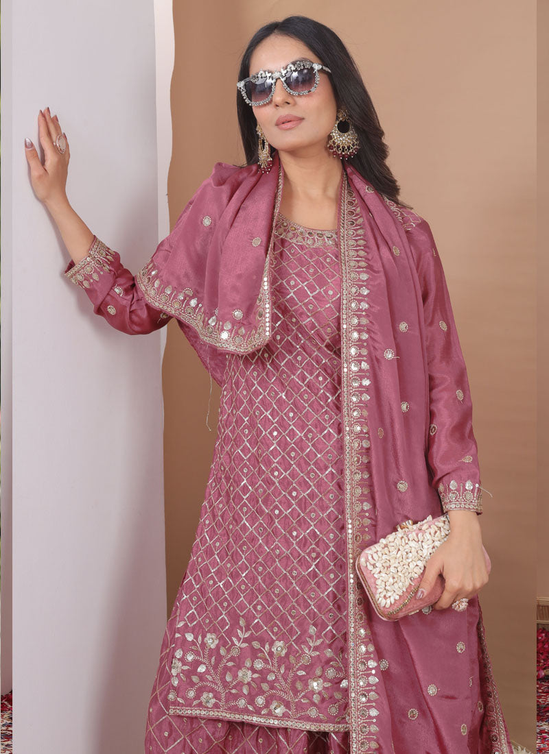 Prazu Fashion Onion Pink Chinon Silk Sequin Embroidered Sharara Suit | Grocsy