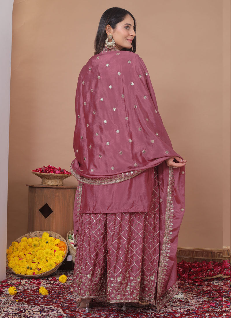 Prazu Fashion Onion Pink Chinon Silk Sequin Embroidered Sharara Suit | Grocsy