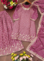 Prazu Fashion Onion Pink Chinon Silk Sequin Embroidered Sharara Suit | Grocsy