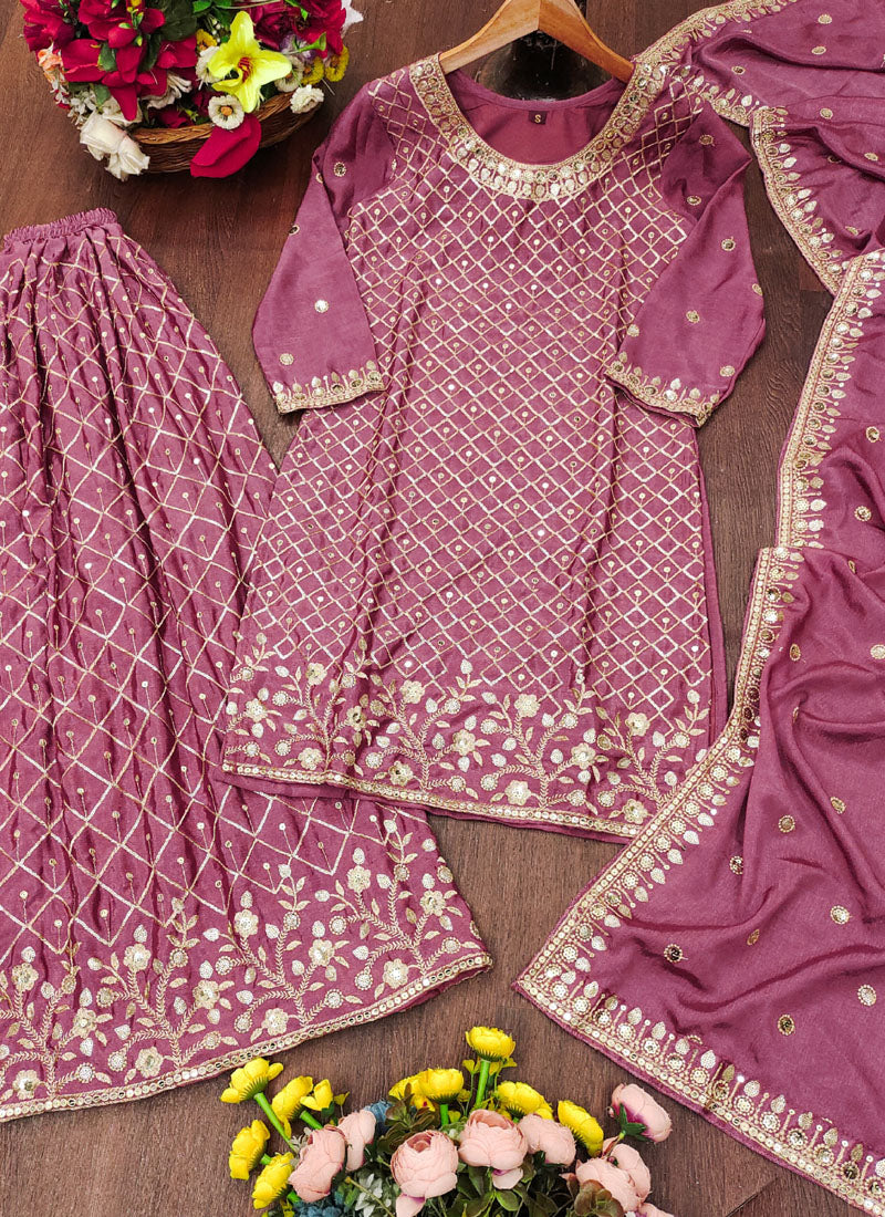 Prazu Fashion Onion Pink Chinon Silk Sequin Embroidered Sharara Suit | Grocsy