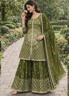 Prazu Fashion Mehendi Chinon Silk Sequin Embroidered Sharara Suit | Grocsy