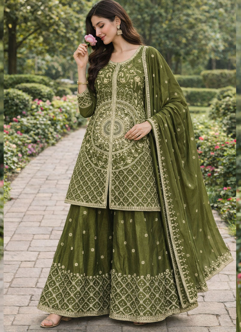 Prazu Fashion Mehendi Chinon Silk Sequin Embroidered Sharara Suit | Grocsy