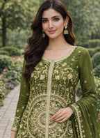 Prazu Fashion Mehendi Chinon Silk Sequin Embroidered Sharara Suit | Grocsy