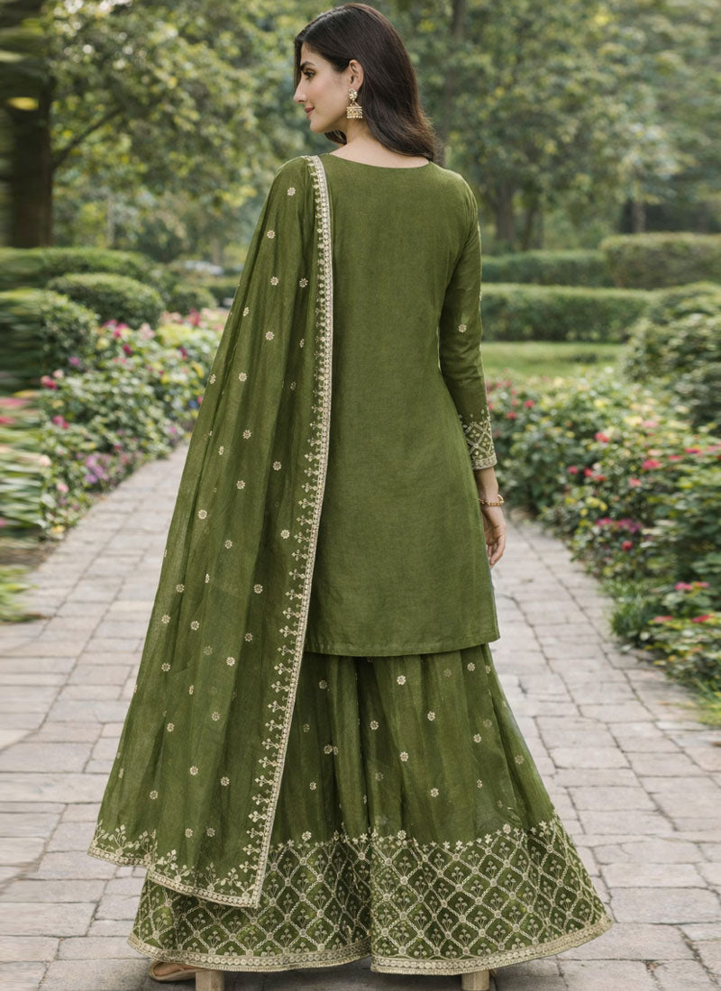 Prazu Fashion Mehendi Chinon Silk Sequin Embroidered Sharara Suit | Grocsy