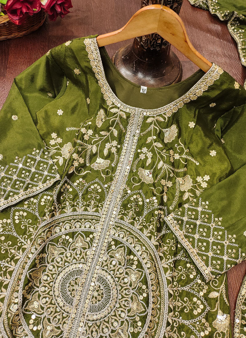 Prazu Fashion Mehendi Chinon Silk Sequin Embroidered Sharara Suit | Grocsy