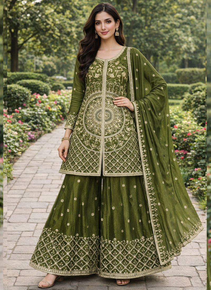 Prazu Fashion Mehendi Chinon Silk Sequin Embroidered Sharara Suit | Grocsy