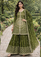 Prazu Fashion Mehendi Chinon Silk Sequin Embroidered Sharara Suit | Grocsy