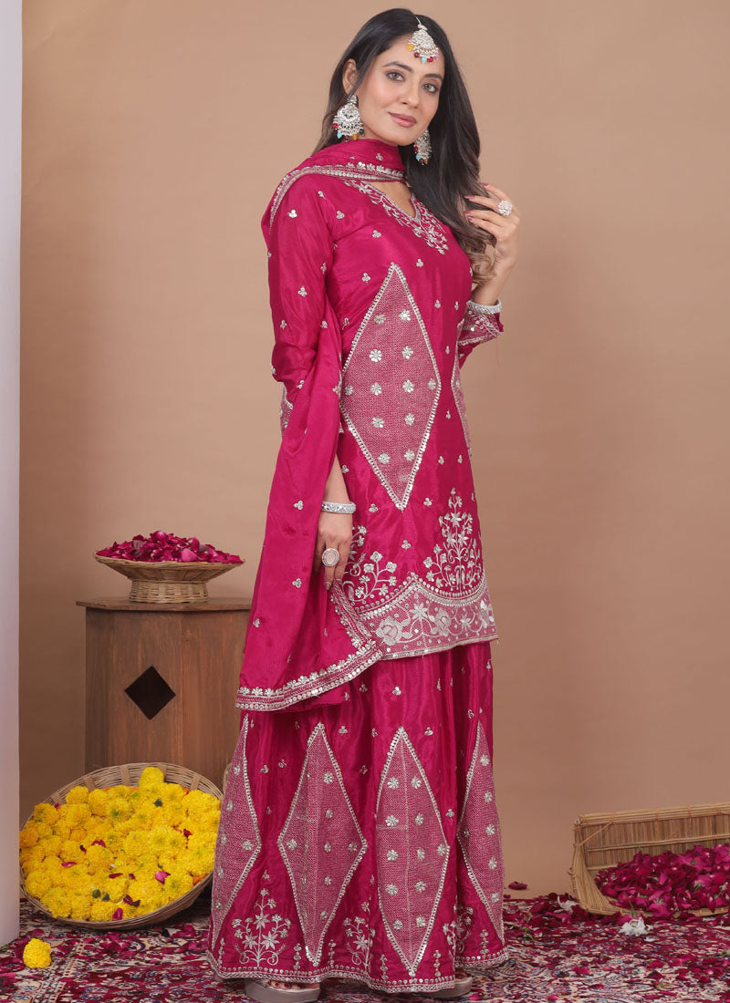 Prazu Fashion Pink Chinon Silk Sequin Embroidered Sharara Suit | Grocsy