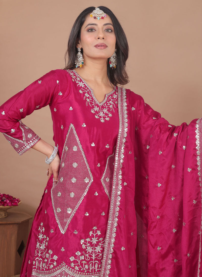 Prazu Fashion Pink Chinon Silk Sequin Embroidered Sharara Suit | Grocsy