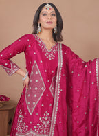 Prazu Fashion Pink Chinon Silk Sequin Embroidered Sharara Suit | Grocsy