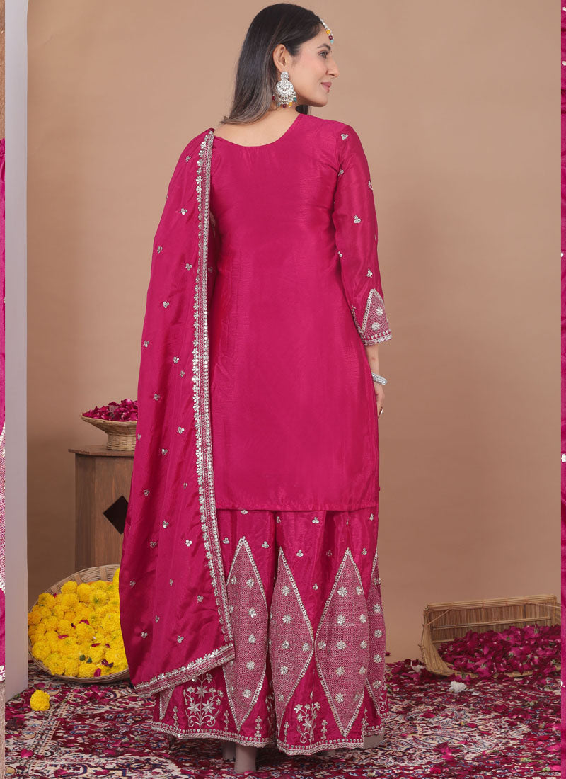 Prazu Fashion Pink Chinon Silk Sequin Embroidered Sharara Suit | Grocsy