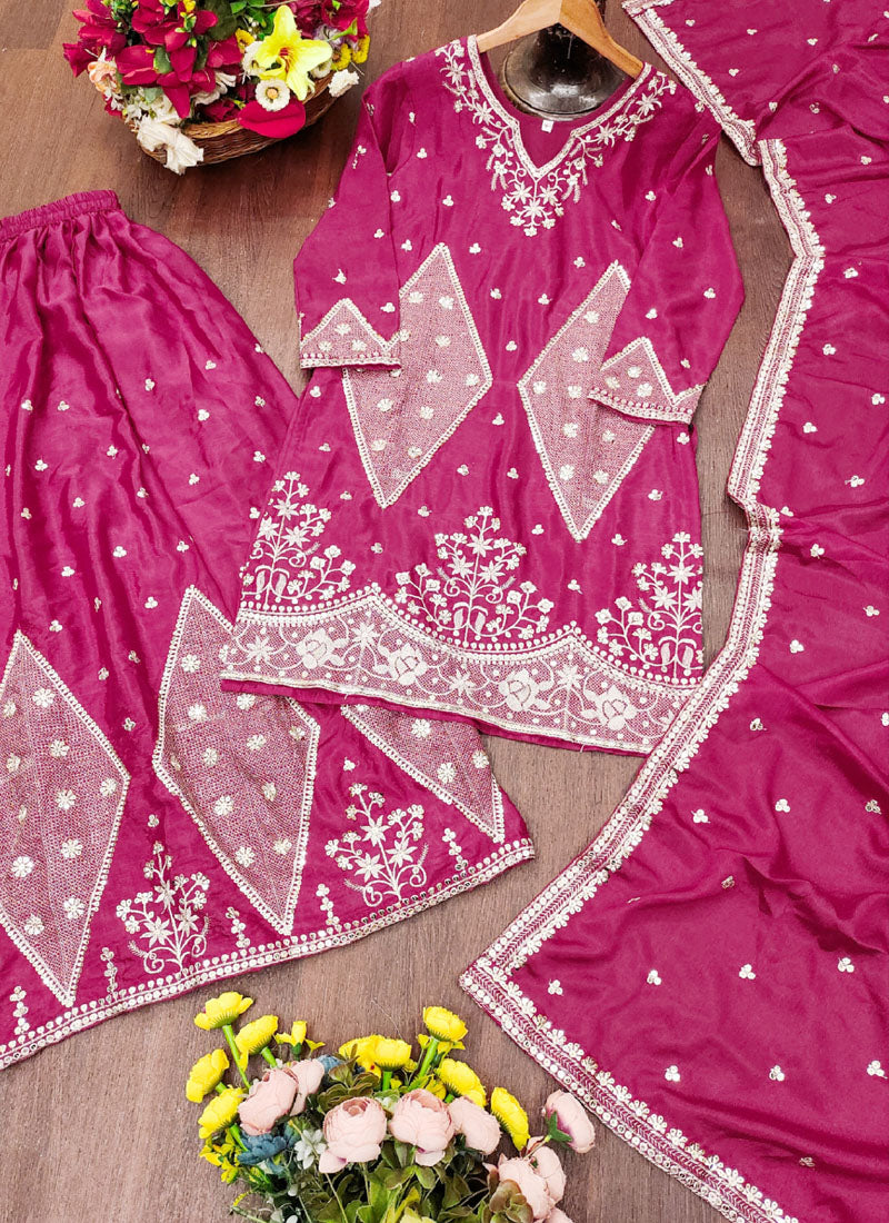Prazu Fashion Pink Chinon Silk Sequin Embroidered Sharara Suit | Grocsy