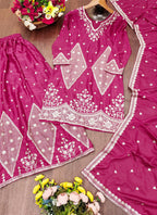 Prazu Fashion Pink Chinon Silk Sequin Embroidered Sharara Suit | Grocsy