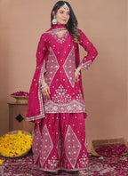 Prazu Fashion Pink Chinon Silk Sequin Embroidered Sharara Suit | Grocsy