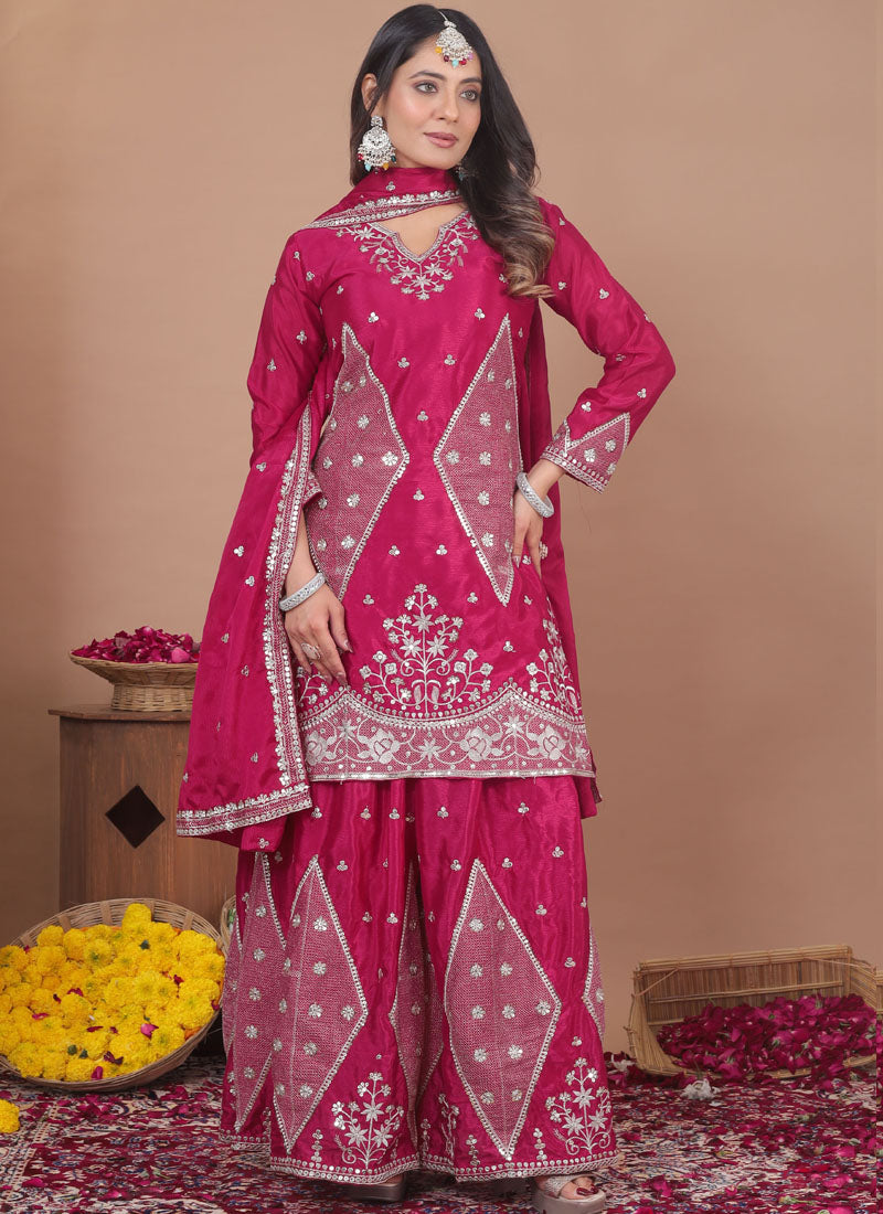 Prazu Fashion Pink Chinon Silk Sequin Embroidered Sharara Suit | Grocsy