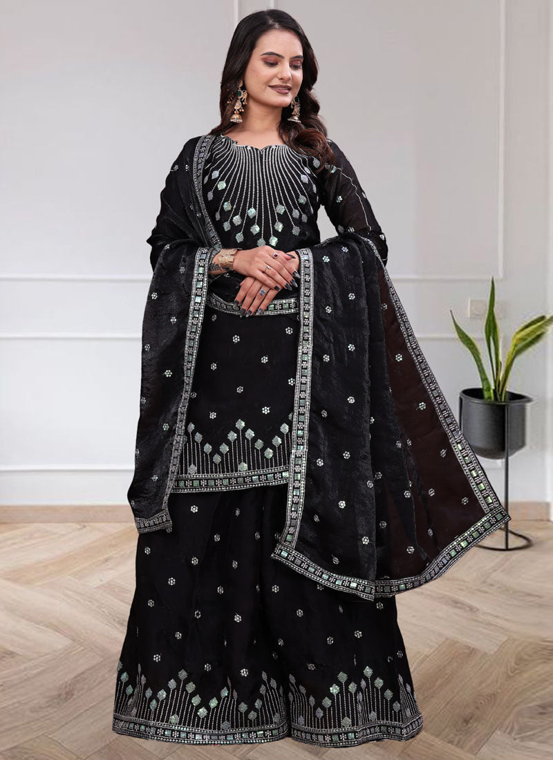 Prazu Fashion Black Chinon Silk Sequin Embroidered Sharara Suit | Grocsy