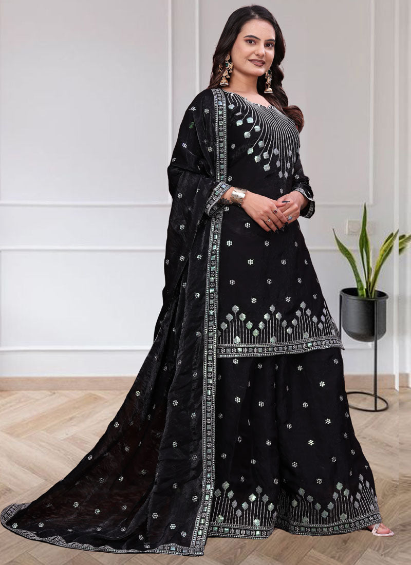 Prazu Fashion Black Chinon Silk Sequin Embroidered Sharara Suit | Grocsy