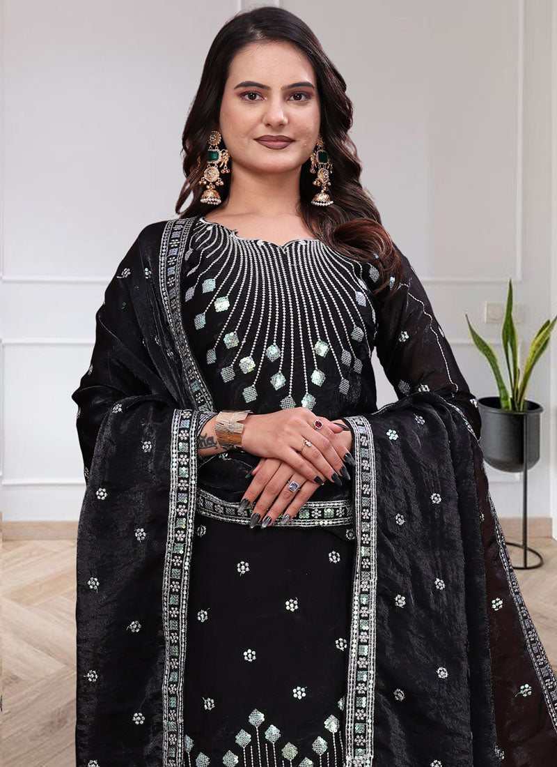 Prazu Fashion Black Chinon Silk Sequin Embroidered Sharara Suit | Grocsy