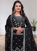 Prazu Fashion Black Chinon Silk Sequin Embroidered Sharara Suit | Grocsy