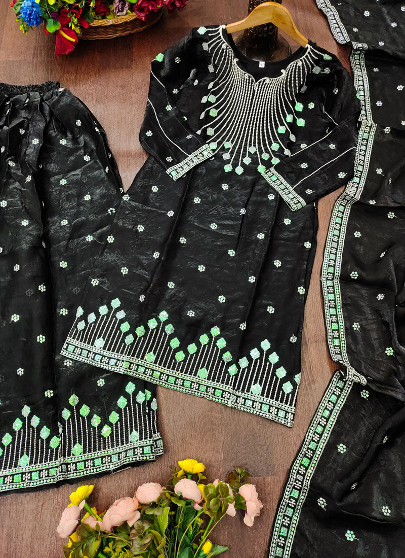 Prazu Fashion Black Chinon Silk Sequin Embroidered Sharara Suit | Grocsy
