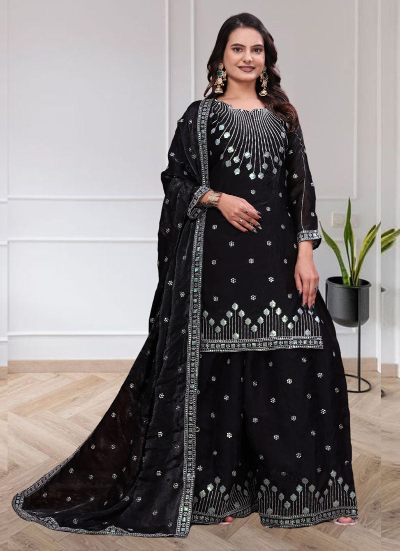 Prazu Fashion Black Chinon Silk Sequin Embroidered Sharara Suit | Grocsy