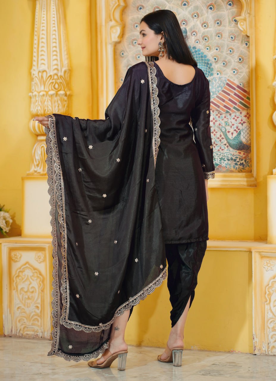 Teeya Creation Black Color Chinnon Silk Heavy Embroidery Work Fully Stitched Dhoti Suit | Grocsy