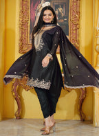 Teeya Creation Black Color Chinnon Silk Heavy Embroidery Work Fully Stitched Dhoti Suit | Grocsy
