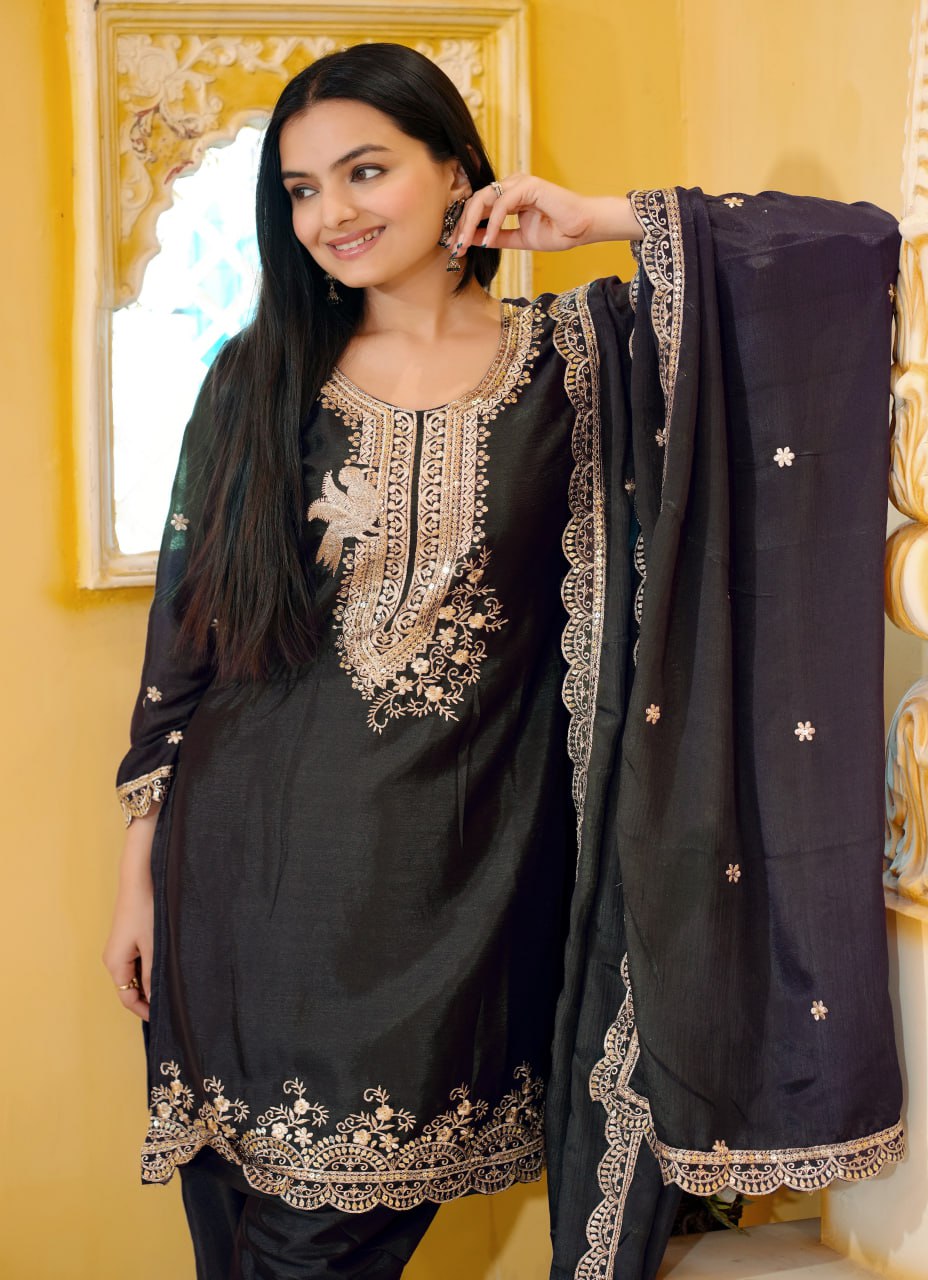 Teeya Creation Black Color Chinnon Silk Heavy Embroidery Work Fully Stitched Dhoti Suit | Grocsy