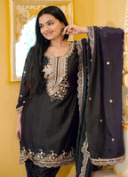 Teeya Creation Black Color Chinnon Silk Heavy Embroidery Work Fully Stitched Dhoti Suit | Grocsy