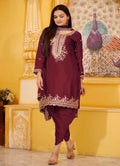 Teeya Creation Maroon Color Chinnon Silk Heavy Embroidery Work Fully Stitched Dhoti Suit | Grocsy