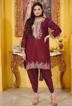 Teeya Creation Maroon Color Chinnon Silk Heavy Embroidery Work Fully Stitched Dhoti Suit | Grocsy