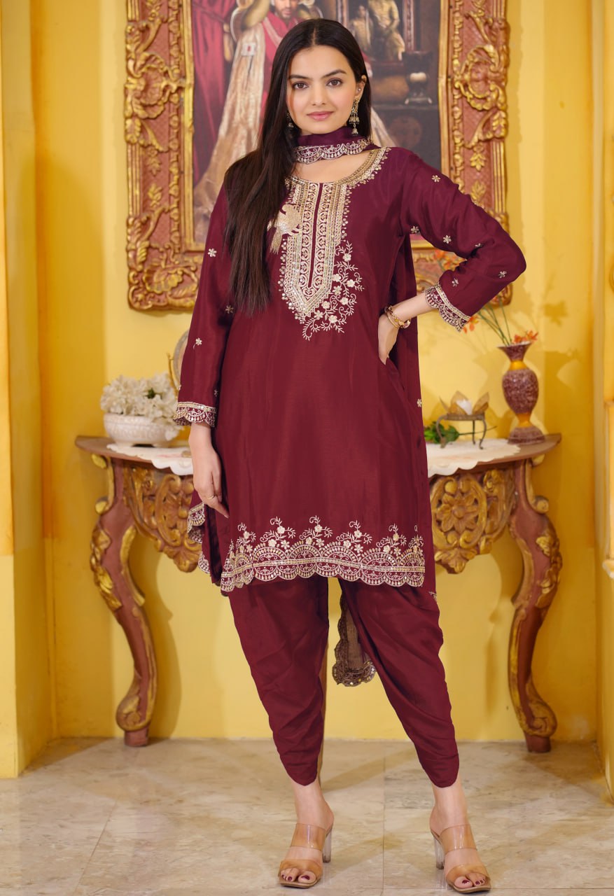 Teeya Creation Maroon Color Chinnon Silk Heavy Embroidery Work Fully Stitched Dhoti Suit | Grocsy