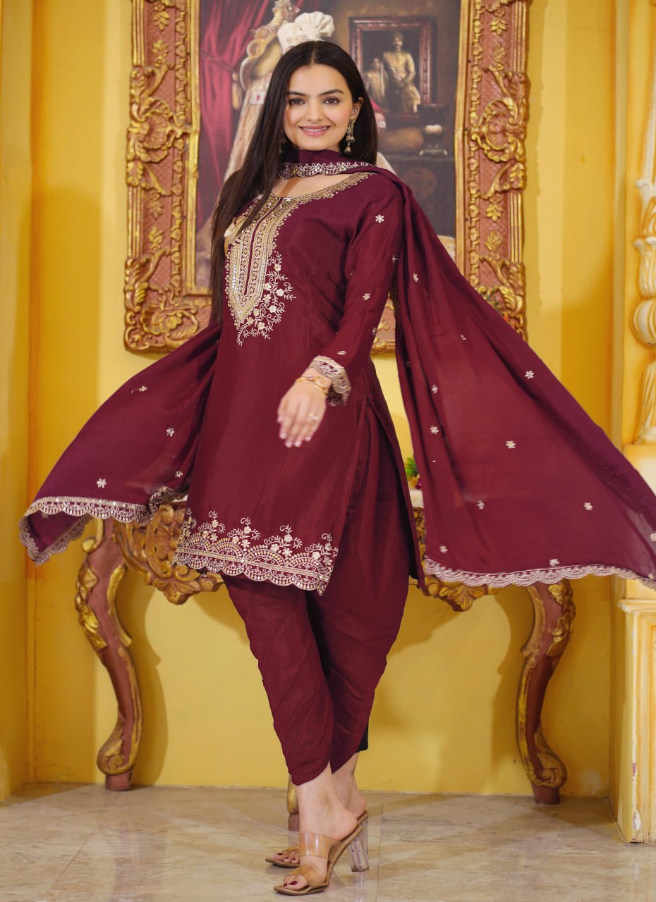 Teeya Creation Maroon Color Chinnon Silk Heavy Embroidery Work Fully Stitched Dhoti Suit | Grocsy