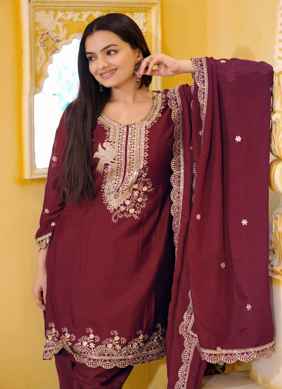 Teeya Creation Maroon Color Chinnon Silk Heavy Embroidery Work Fully Stitched Dhoti Suit | Grocsy